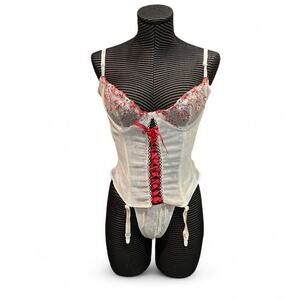 Vintage Faris White & Red Embroidered Bustier Lingerie set mesh floral large